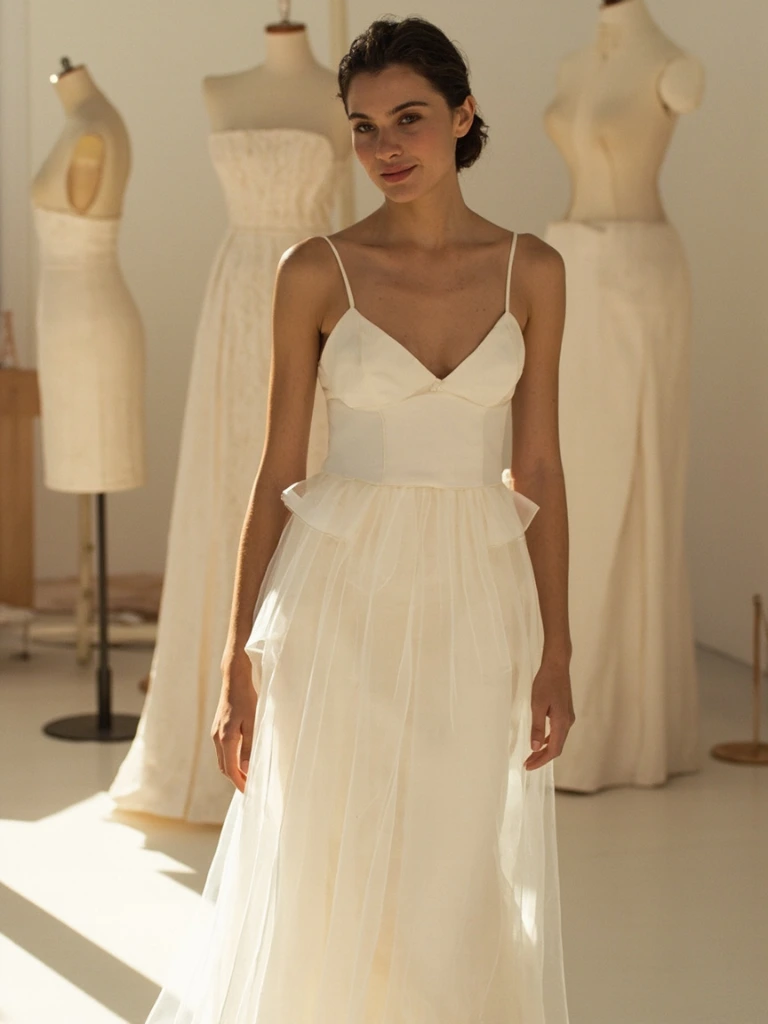 Novia con vestido Atelier Couture de mikado en el atelier